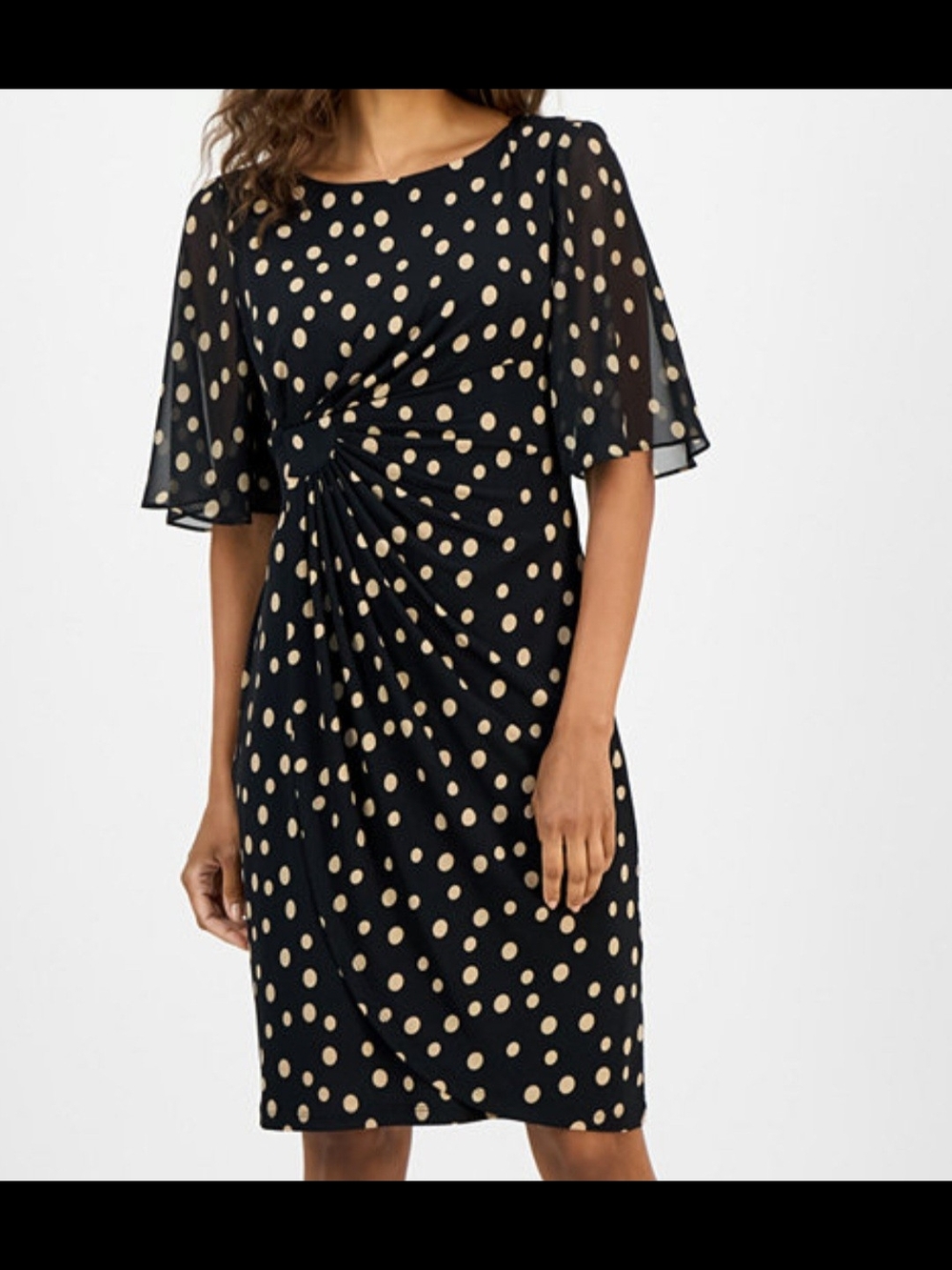 Polka Dot Shirred-Front Short Sleeve Dress - Black/Tan